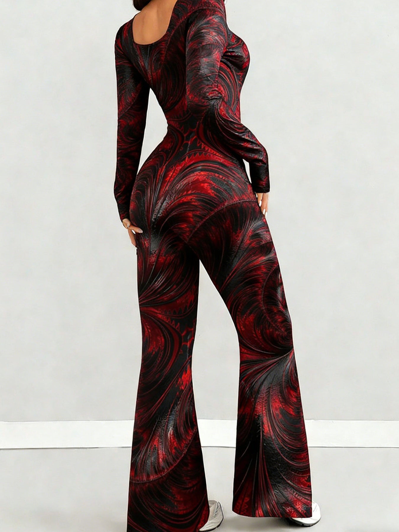 Women'S Jumpsuit Set | Casual Fashionable Sexy, Loose U-Neck Cut, Slim Fit, Red Black Wave Print, Long Sleeve Flared Leg, Versatile Use, Suitable for Multiple Occasions & Seasons, Ideal for Outdoor