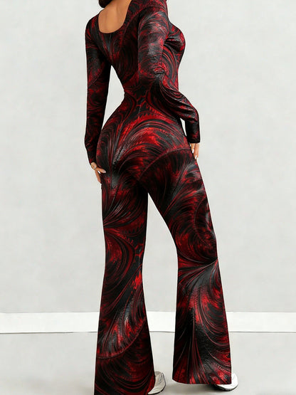 Women'S Jumpsuit Set | Casual Fashionable Sexy, Loose U-Neck Cut, Slim Fit, Red Black Wave Print, Long Sleeve Flared Leg, Versatile Use, Suitable for Multiple Occasions & Seasons, Ideal for Outdoor