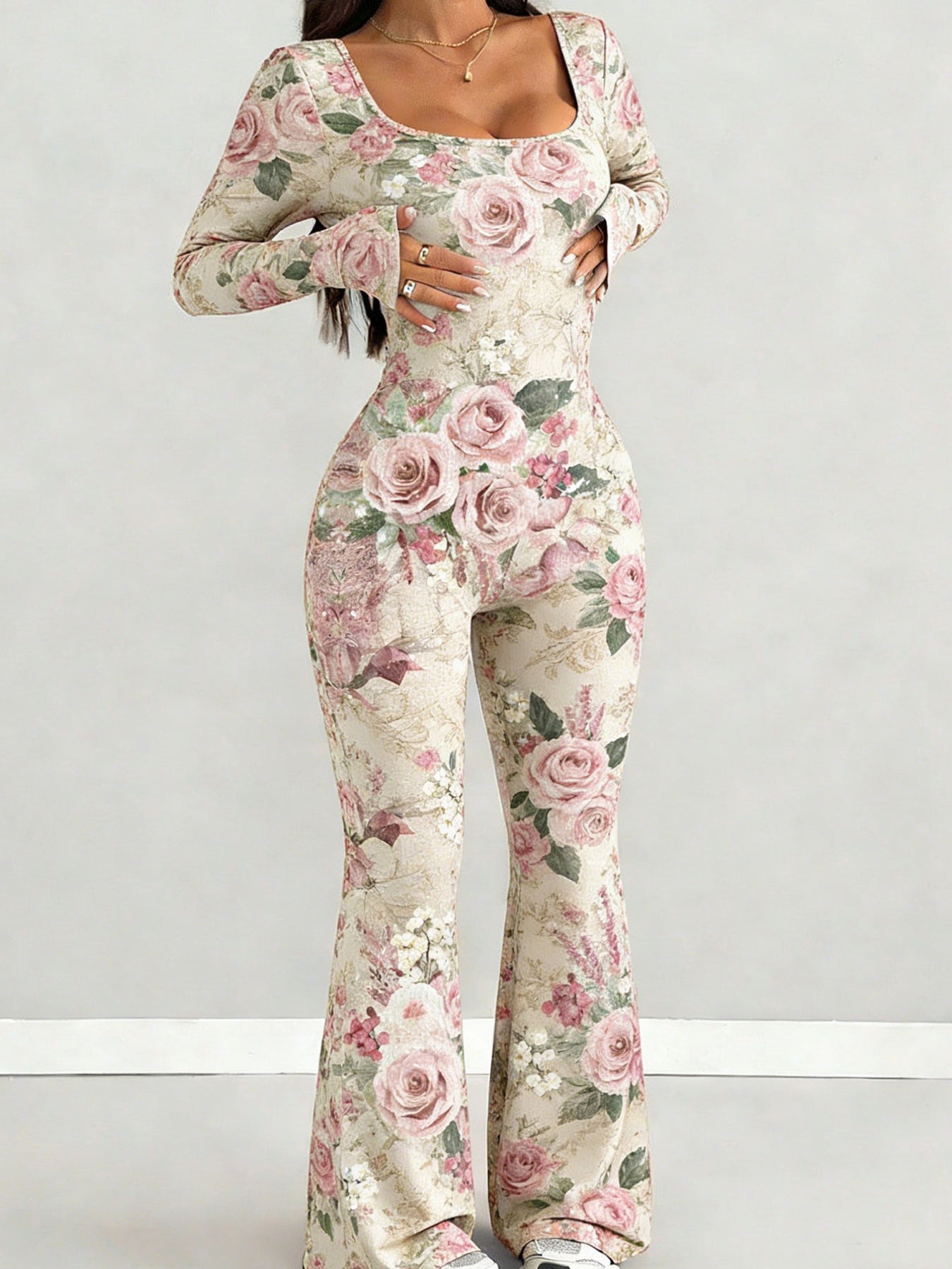 Women's Sexy Slim-Fit Jumpsuit with Pink Floral Print - Long Sleeve U-Neck Bell-Bottom Romper, Stretch Fabric for Weddings, Parties & Outdoor Events - Elegant - Outfit Suitable for Multiple Occasions