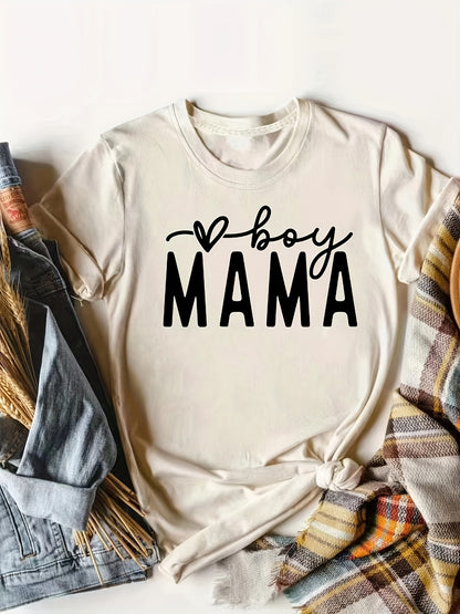 Mama Print Crew Neck T-shirt, Casual Short Sleeve Top For Spring & Summer, Women's Clothing