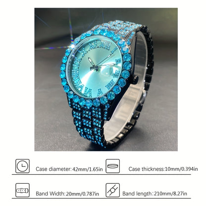 Ice Rhinestone Fashion Couple Watch Ice Blue Artificial Diamond Calendar Quartz Men'S Watch Party Women'S Watch Gift