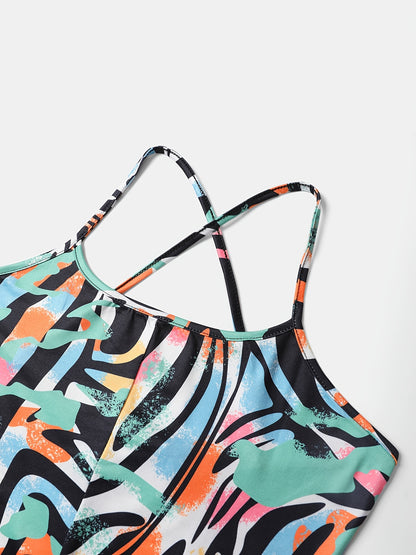 Women's Stylish All-Over Print Cami Jumpsuit - Vibrant Abstract Pattern, High Elasticity, Machine Washable, Perfect for Spring/Summer/Fall