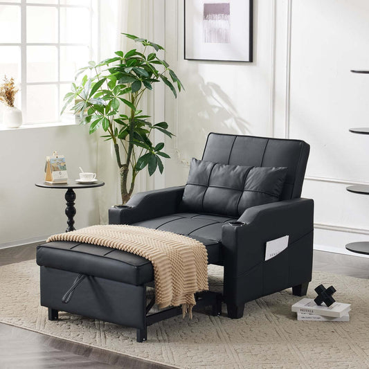 LEADZM 3-in-1 Modern Sleeper Sofa Single Sofa Bed Convertible Sofa Sleeper with Lumber Pillow & Cup Holders for Living Room