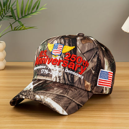 250th Anniversary Edition (1975-2025) USA Flag & Camo Baseball Cap - Unisex Adjustable Retro 3D Embroidery Hat with 250/225/200/150/125 Year Badge, Lightweight Snapback for Men & Women, July 4th Independence Day Collectible,