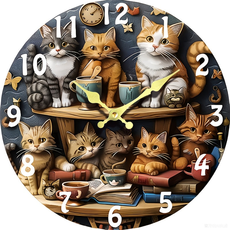 [12-Inch Silent Cat Clock] 12-Inch Silent Quartz Wall Clock with Wooden Fiber | Whimsical Cat Design, Charming Illustration of Cats with Teacups and Books, Perfect for Living Room, Home, Dorm, Office Decor | Requires 1 AA Bat