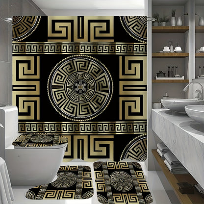 1/4pcs Golden Glitter, Geometric Pattern Bathroom Set, High Quality and Multifunctional Shower Curtain with 12 Hooks, Nonslip Bathroom Mat, Ushaped Toilet Mat, Toilet Seat Mat, Bathroom Decoration, Bathroom Partition, Room De