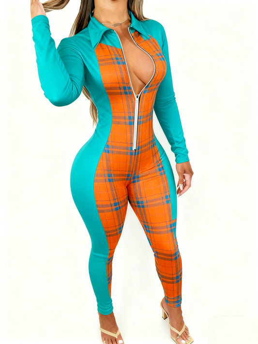 Women's Elegant Sexy Full-Body Print Jumpsuit - Long Sleeve Collar Zipper Front -Pant Outfit, All-Season Party Wedding Guest Special Occasion Attire, Machine Washable