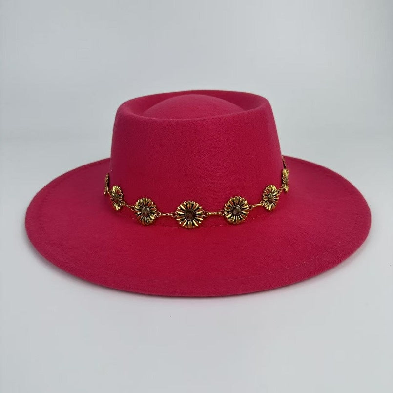 1pc Bohemian-style Unique and Fashionable Felt Hat - Decorated with Exquisite Golden Flower Chain Fedora Hat - Suitable for Daily Street Style, Music Festival Outfits, Bohemian-inspired Looks, Casual Outings and Trendy Season