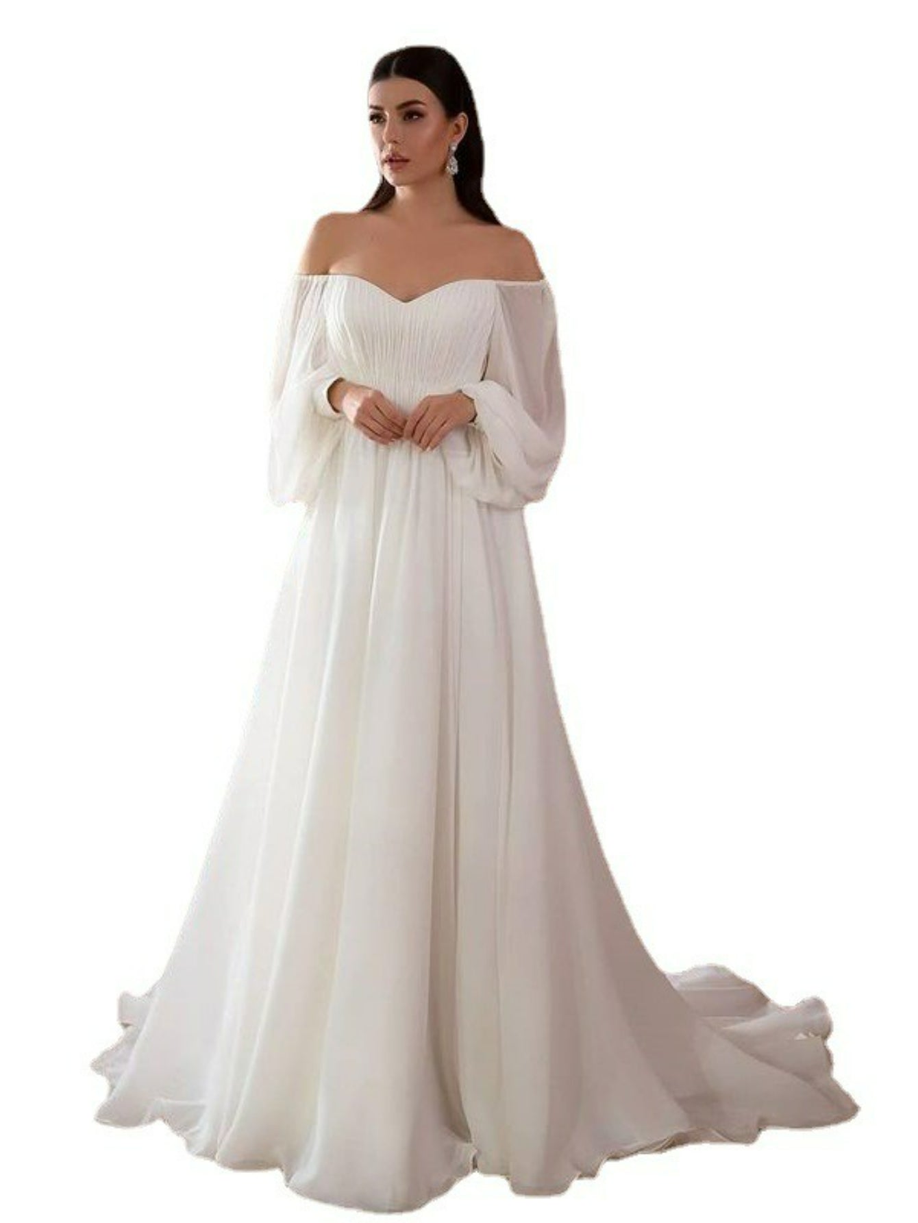 Women'S Elegant Vintage-Inspired One-Shoulder/Off-Shoulder Wedding & Party Dress - Long Sleeve A-Line Chiffon Gown with Puff Sleeve & Train Hem, Solid Formal Evening Gown for Spring Summer Fall, Loose Fit A-Line Silhouette, L
