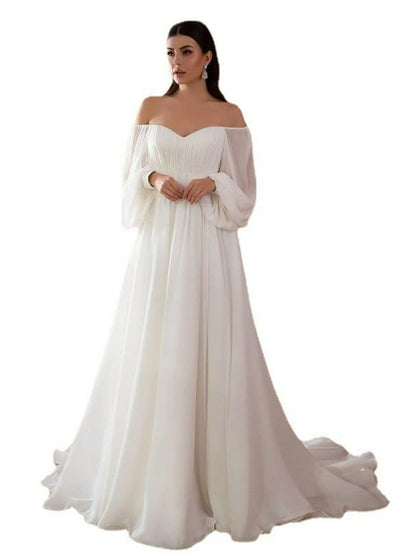 Women'S Elegant Vintage-Inspired One-Shoulder/Off-Shoulder Wedding & Party Dress - Long Sleeve A-Line Chiffon Gown with Puff Sleeve & Train Hem, Solid Formal Evening Gown for Spring Summer Fall, Loose Fit A-Line Silhouette, L