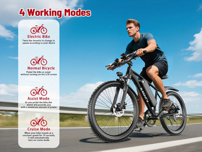 26" Heavy-Duty Adult Electric Mountain Bike with 700W Peak Motor & 36V10Ah Removable Battery - 40-50 Mile Range, 19 MPH High-Speed E-Bike, 7-Speed Gears, Front Suspension, All-Terrain Tires, Sturdy Frame & Disc Brakes - Long-