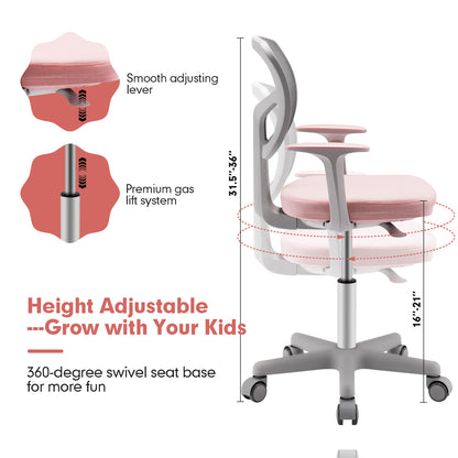 COSTWAY Kids Adjustable Height Desk Chair with Ergonomic Y-Shaped Back Support, 360° Swivel & 5-Wheel Mobility, Heavy-Duty 330 lbs Capacity, Mesh & Cushioned Seat with Armrests - Heavy-Duty Plastic Construction, Easy Assembl