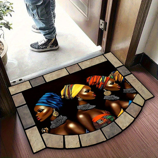 1pc African Tribal Door Mat - Heavy-Duty 850gsm Thick Mat with African Women & Tribal Patterns, /BrownRed/Orange - for Home Gym, Entryway - Machine-made Polyester Mat - Ideal For Halloween, Christmas, Thanksgiving, New Year'S