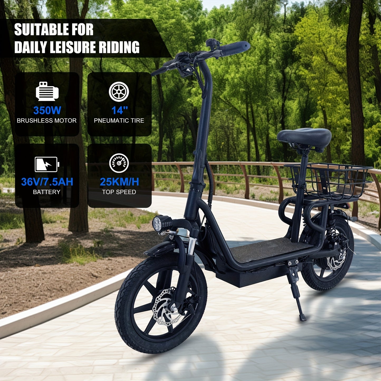 Folding Electric Scooter - 350W Motor, Portable Electric Scooter for Urban Use, 6AH/7.5AH Lithium Batteries, 25km Range & 25km/h Top Speed, 12"/14" Inflatable Tires, Front/Rear Disc Brakes+ Rear E-Brake, 264.55LB Max Load, Su