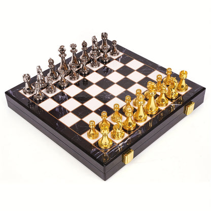 Luxury Marbling Chess Set with Marble Board & Zinc Alloy Metal Pieces - Elegant Marbled Design with Golden & Pattern, Extra Queens Included - Durable Travel-Friendly Chessboard for Adults, Beginners & Professionals - Ideal Gi