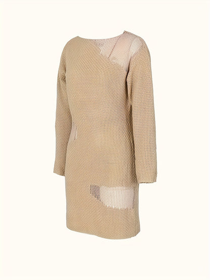 Women's Elegant Hollow Out Design Dress - Semi-Sheer Pencil Skirt with Round Neck, Medium Stretch & All-Season Versatility for Casual to Formal Occasions, Occasion Wear, Formal Attire, Textured Fabric, Sophisticated Craftsman