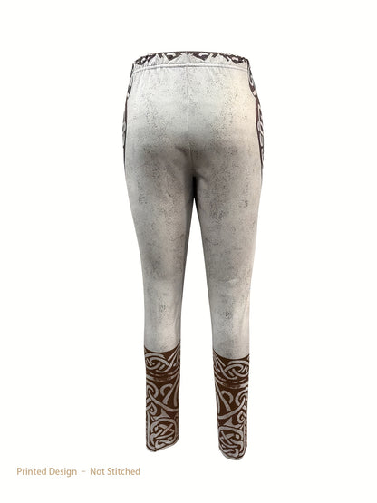 Women's Brown & White Celtic Print Leggings - Bohemian Kilkenny Legging Suitable for - Wear, Elastic Tight-Fit Trousers for Daily Outfits, Dating & Celtic Events - Machine Washable Brown/White Patterned Pants