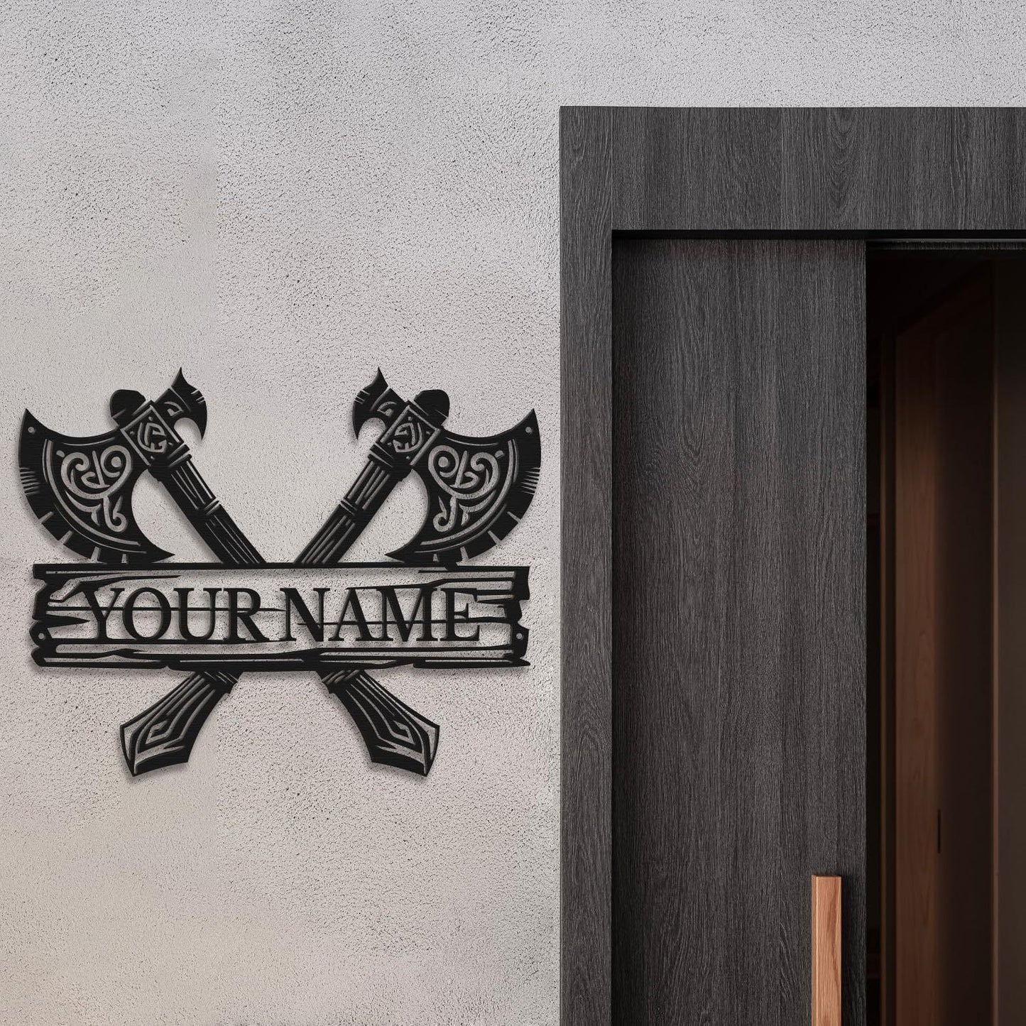 Custom Viking-Style Metal Wall Sign - Personalized Name with Crossed Axes Design, Black Aged Finish, Horizontal Rustic Metal Art for Living Room, Halloween, Christmas & Thanksgiving Home Decor