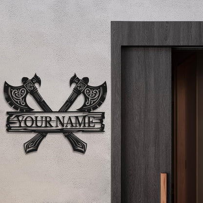 Custom Viking-Style Metal Wall Sign - Personalized Name with Crossed Axes Design, Black Aged Finish, Horizontal Rustic Metal Art for Living Room, Halloween, Christmas & Thanksgiving Home Decor
