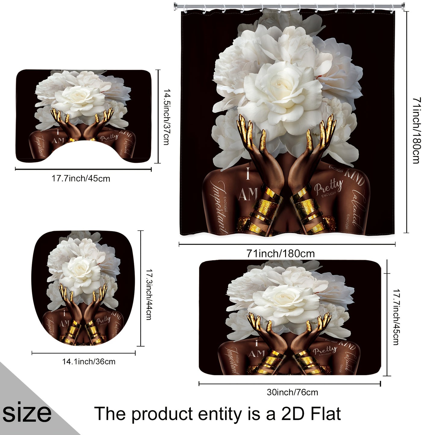 1pc or 4pcs African American Woman Floral Shower Curtain Set with 12 Hooks - Modern Black & White Peony Flower Design, Empowering "I Am Beautiful" Quote Bathroom Decor, Non-Slip Bath Mat, U-Shaped Toilet Mat & Cover Mat - Mac