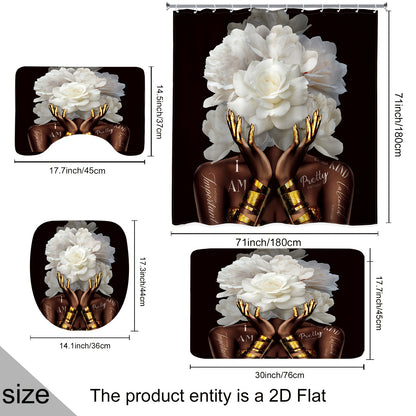 1pc or 4pcs African American Woman Floral Shower Curtain Set with 12 Hooks - Modern Black & White Peony Flower Design, Empowering "I Am Beautiful" Quote Bathroom Decor, Non-Slip Bath Mat, U-Shaped Toilet Mat & Cover Mat - Mac