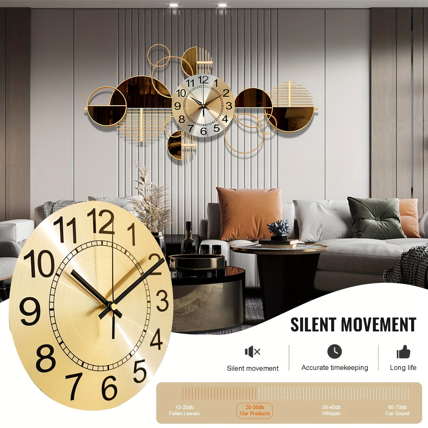Metal Wall Clock Decorative 3D Metal Wall Art Clock For Living Room Bedroom Creative Modern Big Wall Clock Decor With Silent No-Ticking 31 X 17 Inch