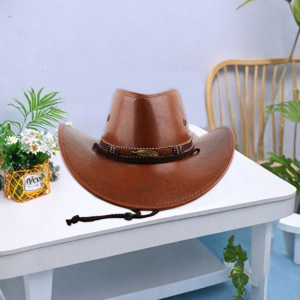 Women Men Western Hat Faux Leather Wide Brim Cowgirl Cap Sun Protection Hat for Outdoor Party