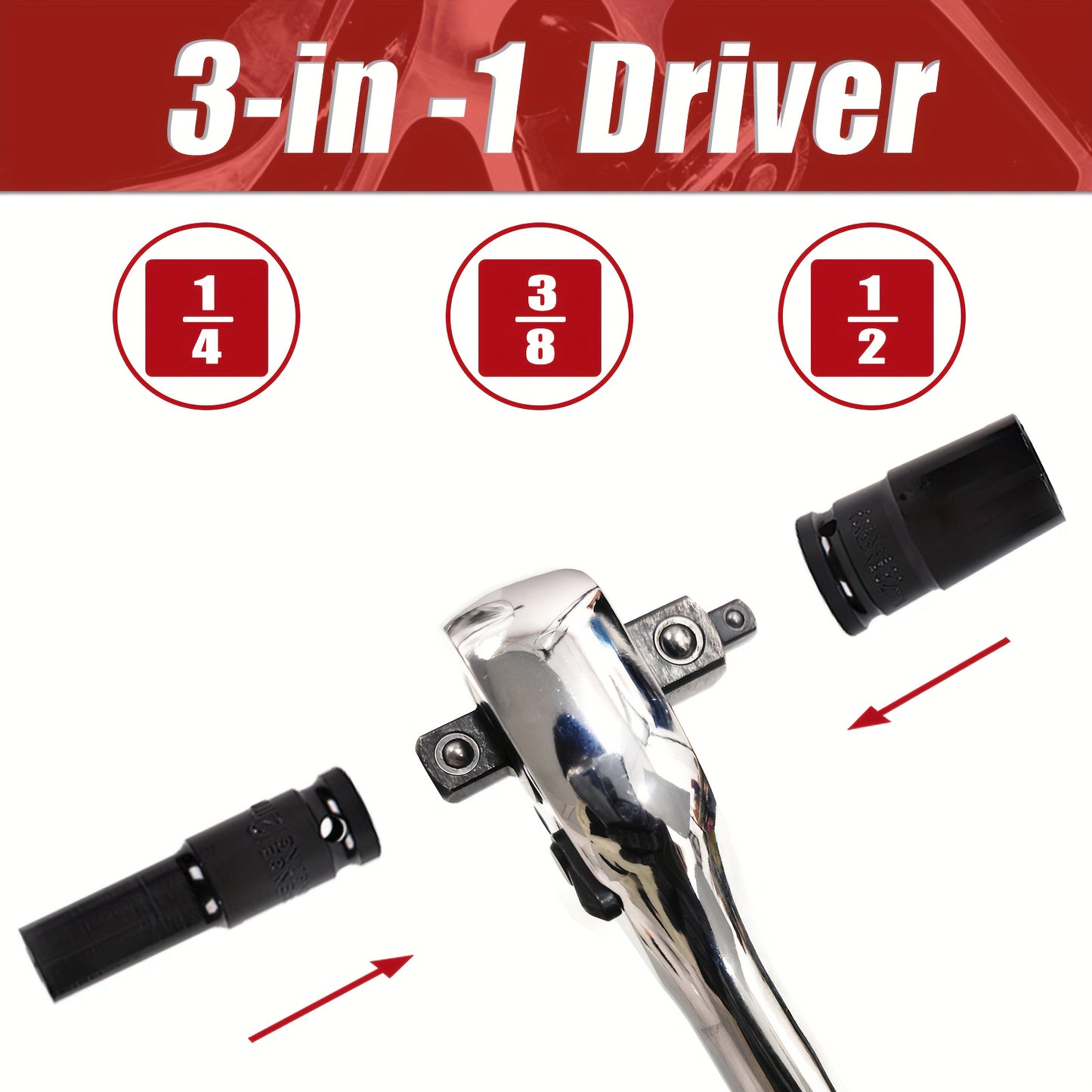 [3-in-1 Ratchet Wrench] PMMJ 3-in-1 Extendable Ratchet Wrench, 72-Tooth, Reversible, Quick Release, Carbon Steel, 1/2" & 3/8" & 1/4" Drive | Extra Long, Maximum 463mm/18.2inch, White Red Black, Interchangeable, for Auto Car M