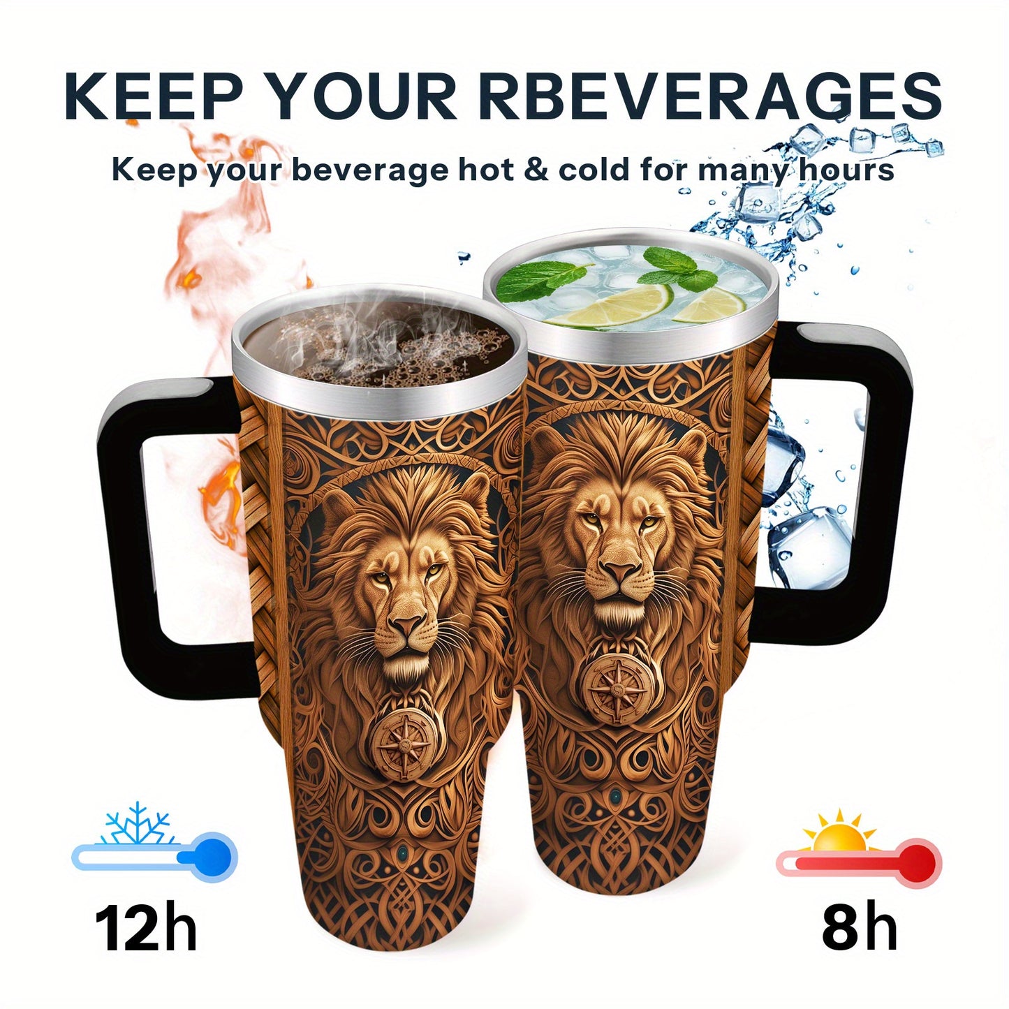 1pc, Humorous Gift, Birthday Insulated Cup, Son, Men'S Best Gift Lion Design Boy, Men'S 40oz Coffee Cup with Handle Lid and Straw, Outdoor, Deal, Outdoor Sports, Sports Water Bottle