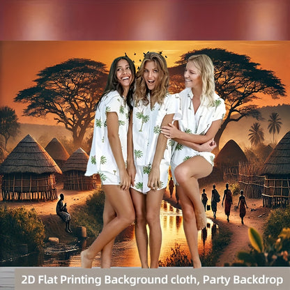 2D Flat, 1pc African Sunset Village Party Banner - 71x91 Inch Durable Polyester Backdrop with Vibrant African Landscape Design, No Power Needed, Easy to Hang for Living Room, Bedroom, Office, Outdoor Decor, Perfect for Weddin