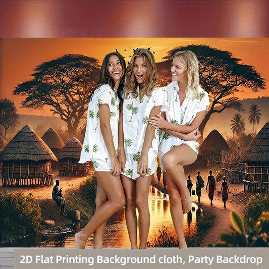 2D Flat, 1pc African Sunset Village Party Banner - 71x91 Inch Durable Polyester Backdrop with Vibrant African Landscape Design, No Power Needed, Easy to Hang for Living Room, Bedroom, Office, Outdoor Decor, Perfect for Weddin