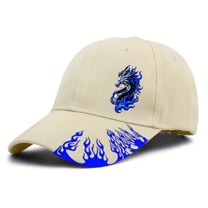 1pc Black Baseball Cap with Blue Flame Dragon Print - Adjustable Street Style Outdoor Sports Hat for Men, Curved Brim Design, Casual Streetwear Accessory | Flame Motif Cap | Adjustable Baseball Cap