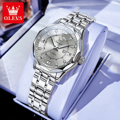 OLEVS Women'S Stainless Steel Automatic Mechanical Watch with Luminous Hands & Chronograph - Golden-Tone Elegant Round Watch, High Quality (Not), Luxury Analog Wristwatch for Women, No Battery/Easy Maintenance, Durable Everyd