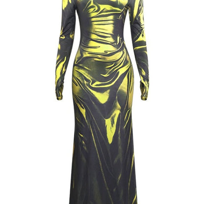 Women's Fashion Printed Crew Neck Slim-Fit High-Waist Maxi Long-Sleeve Dress for Autumn