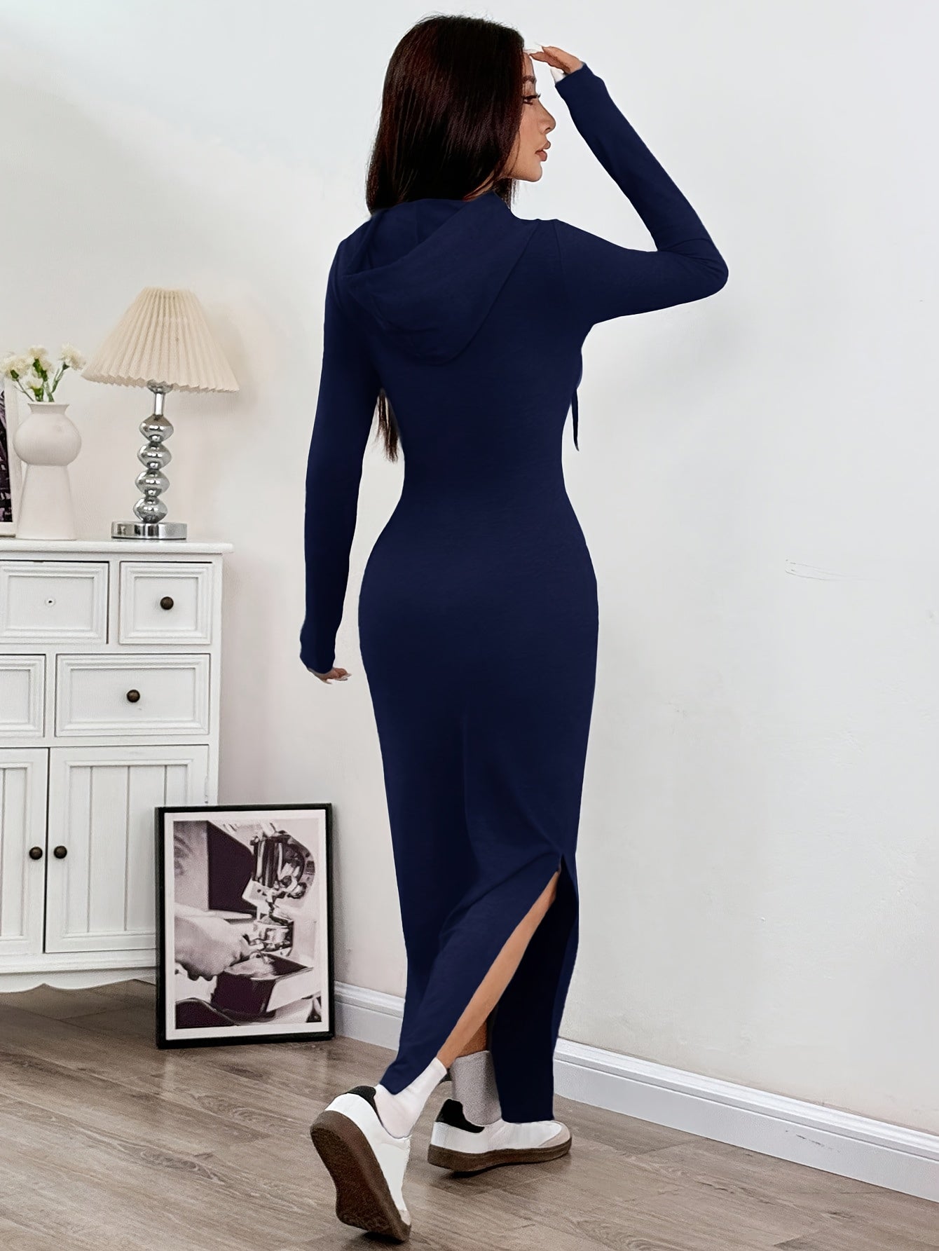 Spring and Autumn New Hooded Long Cross Knee Casual Fashion Dress | Solid Color, Long Sleeve, Bodycon Fit, Slit Hem