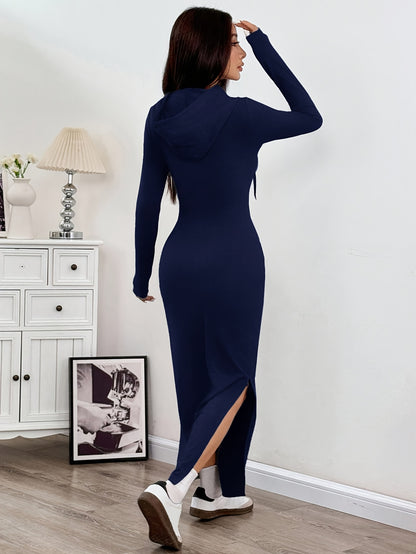 Spring and Autumn New Hooded Long Cross Knee Casual Fashion Dress | Solid Color, Long Sleeve, Bodycon Fit, Slit Hem
