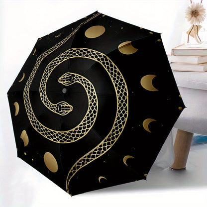 1pc Automatic Open/Close Umbrella with One-Touch Button, Folding Compact Travel Umbrella, Sturdy 8-Rib Canopy, Lightweight Portable Design, Elegant Black & Golden serpent & moon phases pattern - Windproof for Commuting, Forma