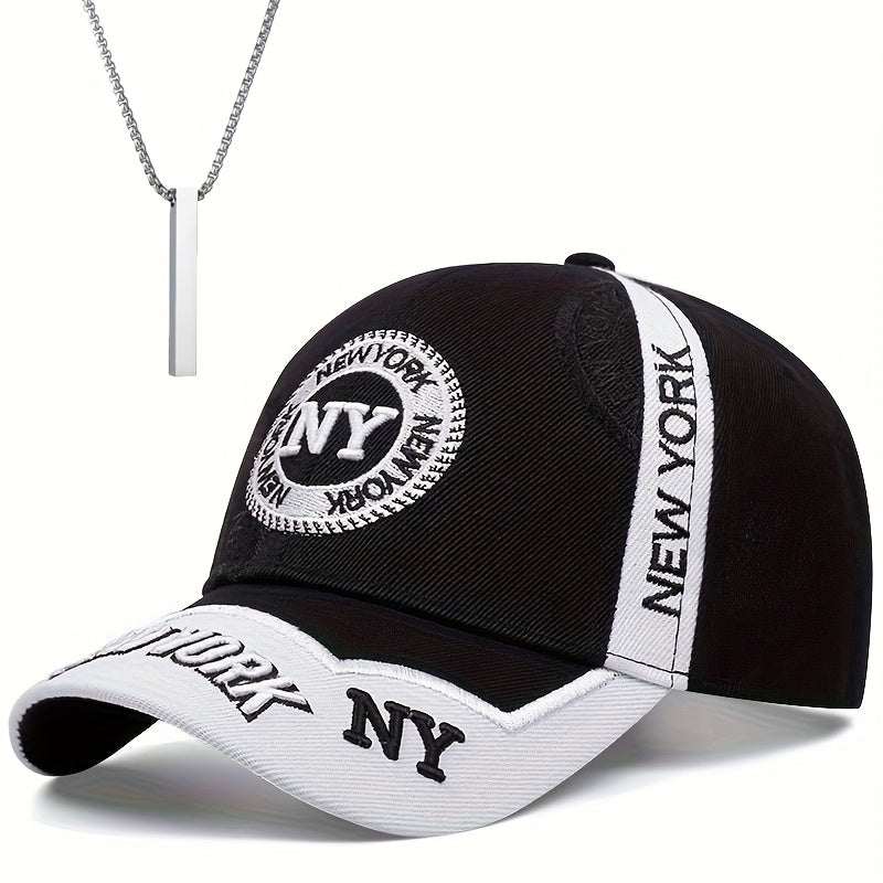 2pcs One Hat Plus One Necklace Men's Outdoor Full-Print Tactical Camouflage NY Pattern Baseball Cap and Faith Bar Pendant, Suitable for Climbing, Cycling Accessories, Christmas Party
