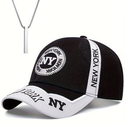 2pcs One Hat Plus One Necklace Men's Outdoor Full-Print Tactical Camouflage NY Pattern Baseball Cap and Faith Bar Pendant, Suitable for Climbing, Cycling Accessories, Christmas Party