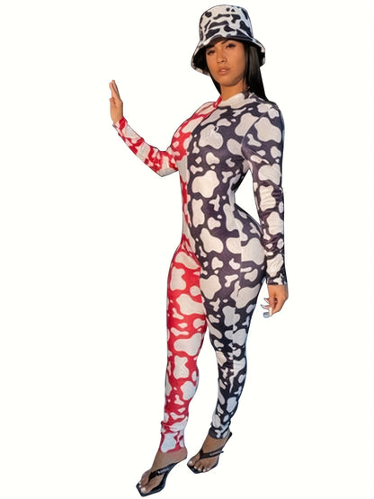 Women'S Camouflage Print Long Sleeve Jumpsuit with V-Neck, Button Detail, and Wide-Leg Pants - Casual All-Season Home & Casual Attire, Jumpsuit for Women, Comfortable Fashion, Stylish Button Detail