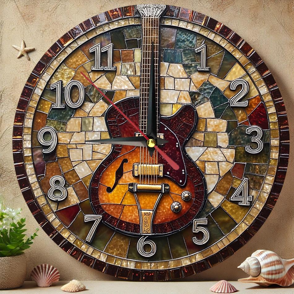 1pc Rustic Farmhouse Style Wooden Round Wall Clock, Guitar Theme, Silent Movement, Easy-to-Read, AA Battery Operated (Not Included), 9.8x9.8 inches for Home, Kitchen, Bedroom, Office Decor