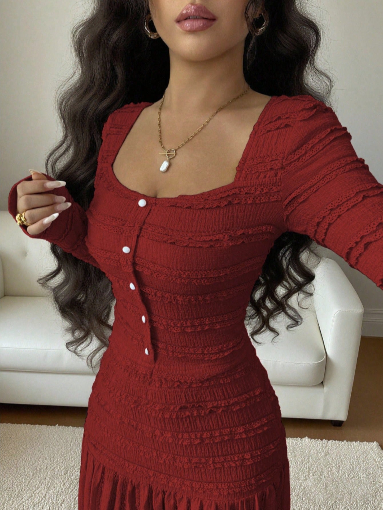 Burgundy Pleated Square Neck Long Dress | Women'S Vintage Elegance with Cinched Waist + Layered Skirt Perfect for New Year'S Gatherings, Family Dinners, and Dates