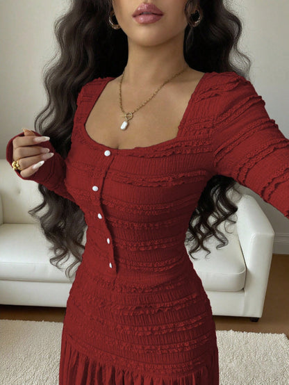 Burgundy Pleated Square Neck Long Dress | Women'S Vintage Elegance with Cinched Waist + Layered Skirt Perfect for New Year'S Gatherings, Family Dinners, and Dates