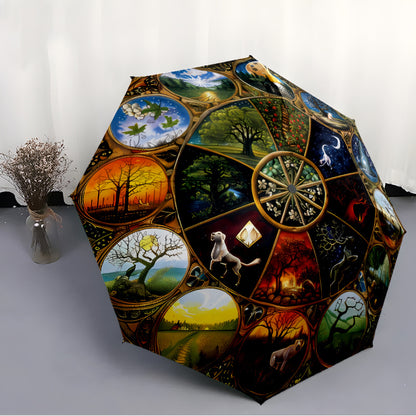Automatic Open/Close Umbrella with 8-Rib Sturdy Frame - Auto Open Close Button, Portable Sunshade Canopy, Elegant Wheel of the Year Design with Seasonal Symbols (Winter, Spring, Summer, Fall) - Perfect Halloween, Christmas, B