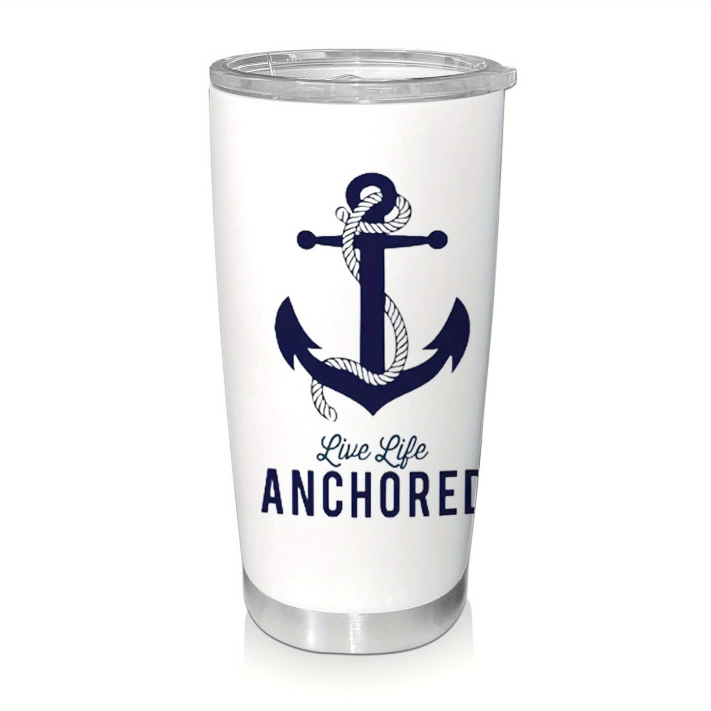 1pc 20oz Nautical Anchor Tumbler, Double Wall Vacuum Insulated Travel Mug with Spill-Proof Lid, Navy Blue Anchor & "Live Life Anchored" Design, Perfect Gift for Dad, Mom, Christmas, Birthdays, Office, Camping, Coffee Cup, Off