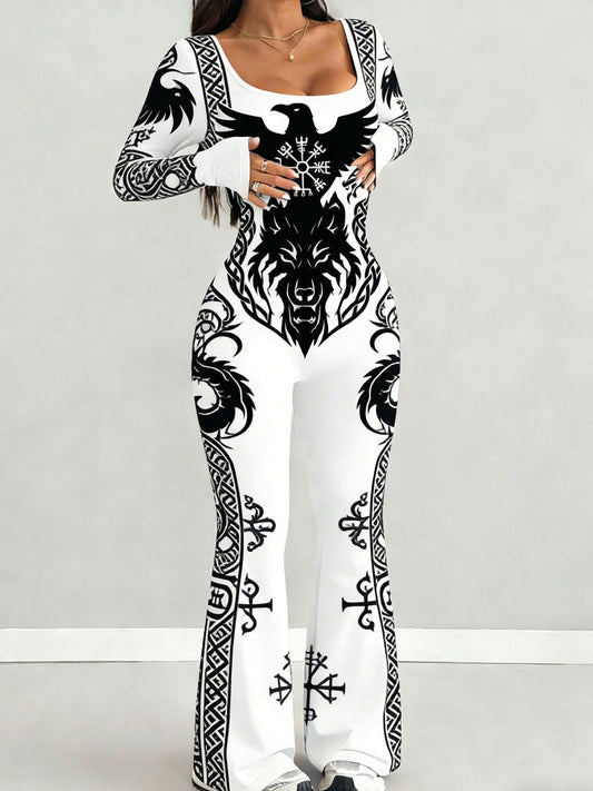 Women's Elegant Wolf-Bird Totem Jumpsuit - Slim-Fit White & Black Matching Outfit with U-Neck & Flared Bell-Bottom Pants, - Wear for Weddings, Parties, Outdoor - Machine Washable Jumpsuit Suit for Females