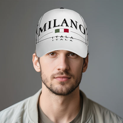 1pc 2D Milano Emblem Print Baseball Cap - Full-Body Vibrant Polyester Hat with Adjustable Snapback, Ideal for Outdoor Sports, Street Style & Running, Black with White Logo, Sports Cap | Stylish Headgear | Durable Headwear