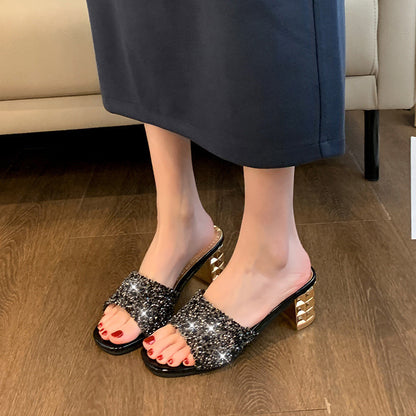 Women'S Chunky Heel Sandals - Slip-On Open-Toe High Heels with Ankle Strap, Golden Glamorous Party Shoes for Formal Events, Weddings, Nightouts - Cushioned Insole & Non-Slip PVC Sole - Available in Wide Widths (Women'S Summer