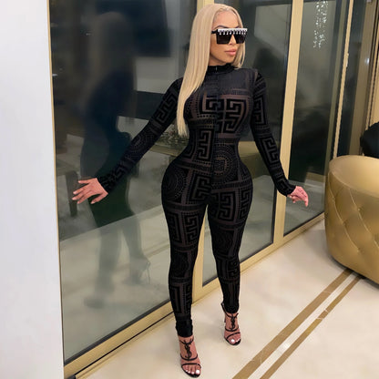 Women's Sexy Sheer Mesh Jumpsuit - Long Sleeve High Neck Bodysuit - Semi-Sheer Transparent Outfit (S-XXL) - Machine Washable All-Season Wear for Parties - Fashion Events - Tight-Fitting Lingerie Suit