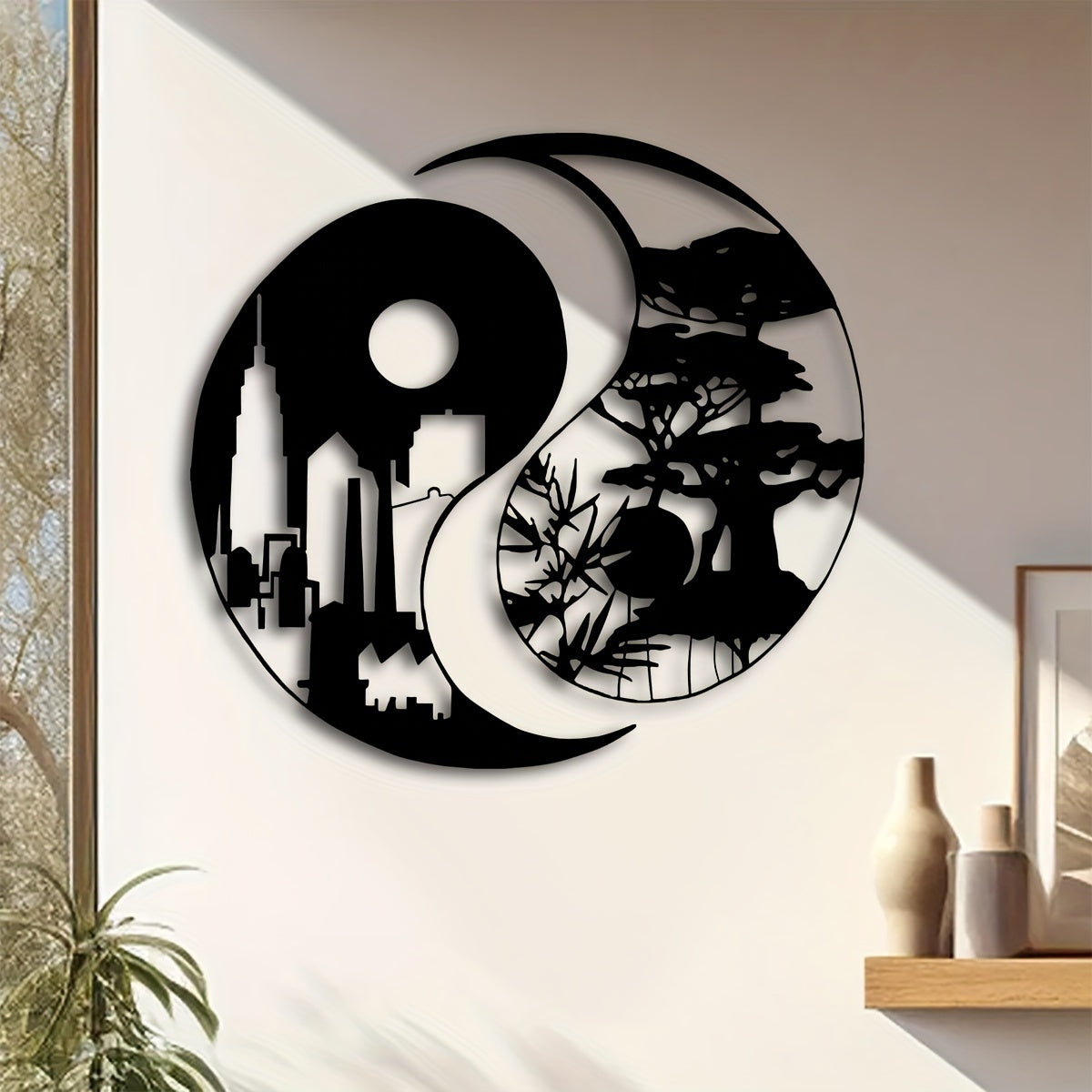 Elegant Yin Yang Metal Wall Art Set of 2 - 15.7" Urban & Landscape Sculptures, Indoor/Outdoor Iron Decor for Home, Patio, Balcony - Perfect Housewarming Gift